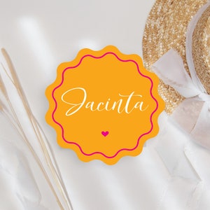 Circular Wavy Place Cards Round Scalloped Edge, Wedding Bridal shower Wavy Edge name card, Bright Orange Coasters | Modern Round Place card
