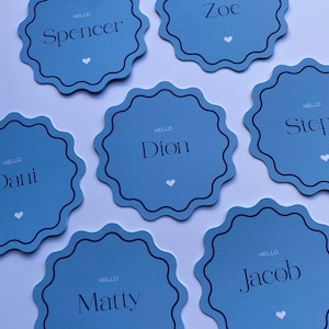 Blue Circular Wavy Place Cards Round Scalloped Edge, Wedding Bridal shower Wavy Edge name card, Blue Coasters | Modern Round Place card