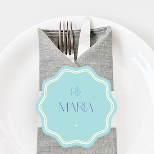 Blue Circular Wavy Place Cards Round Scalloped Edge, Wedding Bridal shower Wavy Edge name card, Blue Coasters | Modern Round Place card
