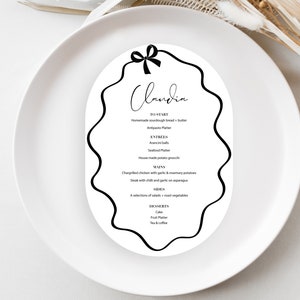 Oval Modern Handwritten fun font Wedding Table Menu, Bow Menus, Personalised Wedding Menu - Printed Menu Minimal Table Menu, Modern Bow menu