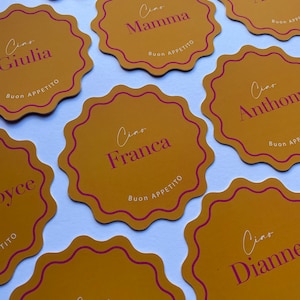 Circular Wavy Place Cards Round Scalloped Edge, Wedding Bridal shower Wavy Edge name card, Bright Orange Coasters | Modern Round Place card