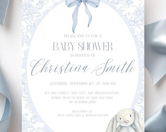 Blue, Bunnies & Bows Baby Shower Invitation