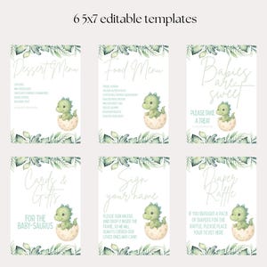 Può includere: Pacchetto baby shower con sei modelli modificabili di 12,7 x 17,8 cm. Ogni modello presenta un design ad acquerello con un dinosauro bambino che esce da un uovo. Include menu dei dolci, menu e buoni regalo.