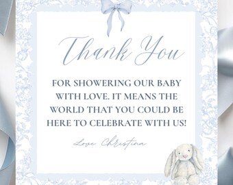 Blue, Bunnies and Bows Baby Shower Thank You Tags, Editable Bunny Favor Tag Printable