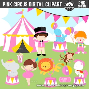 Pink Circus Clipart, Instant Download PNG files - 300 Dpi, Baby Shower Clipart, Nursery Clipart, Animals Clipart, Carnival Clipart, Clown