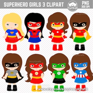 Superhero Girls 3 Clipart, Instant Download PNG files - 300 Dpi, Baby Shower Clipart, Nursery Clipart, Hero Clipart, Superheroes Super Girls