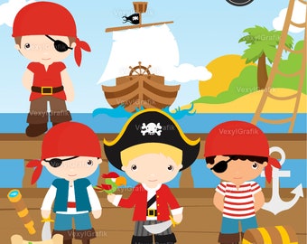Pirate Boys Clipart, Instant Download PNG files - 300 Dpi, Baby Shower Clipart, Nursery Clipart, Pirate Clipart, Pirate Png, Captain, Boat