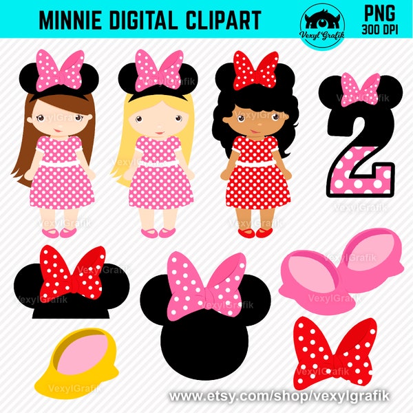 Minnie Mouse Clipart, téléchargement immédiat des fichiers PNG - 300 Dpi, Baby Shower Clipart, Nursery Clipart, Minnie Png, Minnie Clipart, Clipart souris