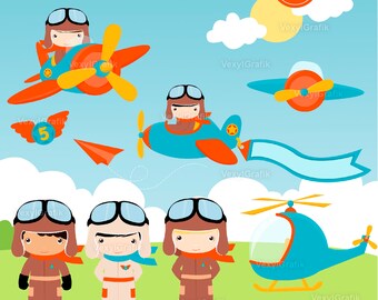 Pilot Clipart, Instant Download PNG files - 300 Dpi, Baby Shower Clipart, Pilot Clip Art, Nursery Clipart, Aviator Clipart, Plane Clipart