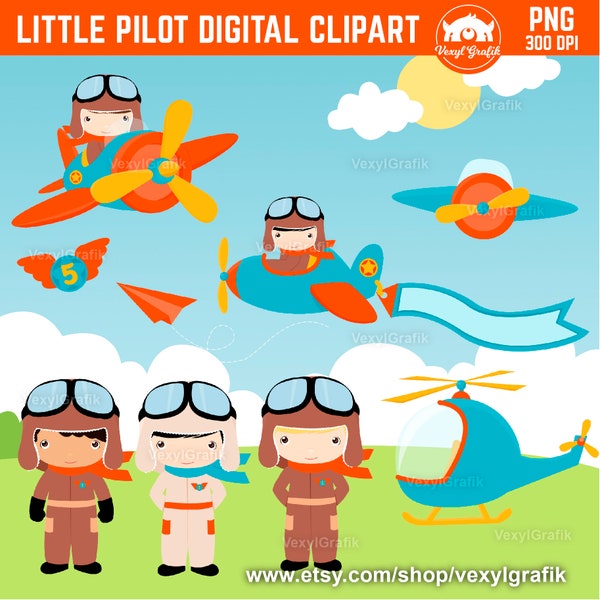 Pilot Clipart, Instant Download PNG files - 300 Dpi, Baby Shower Clipart, Pilot Clip Art, Nursery Clipart, Aviator Clipart, Plane Clipart