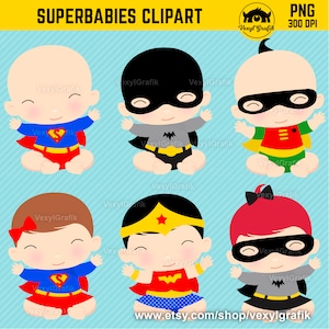 Superbabies Clipart, Instant Download PNG files - 300 Dpi, Baby Shower Clipart, Nursery Clipart, Hero Clipart, Superheroes, Justice Clipart