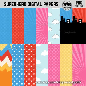 Superhero Digital Papers, Instant Download JPEG files - 300 Dpi, Baby Shower Clipart, Nursery Clipart, Hero Clipart, Superheroes, Justice