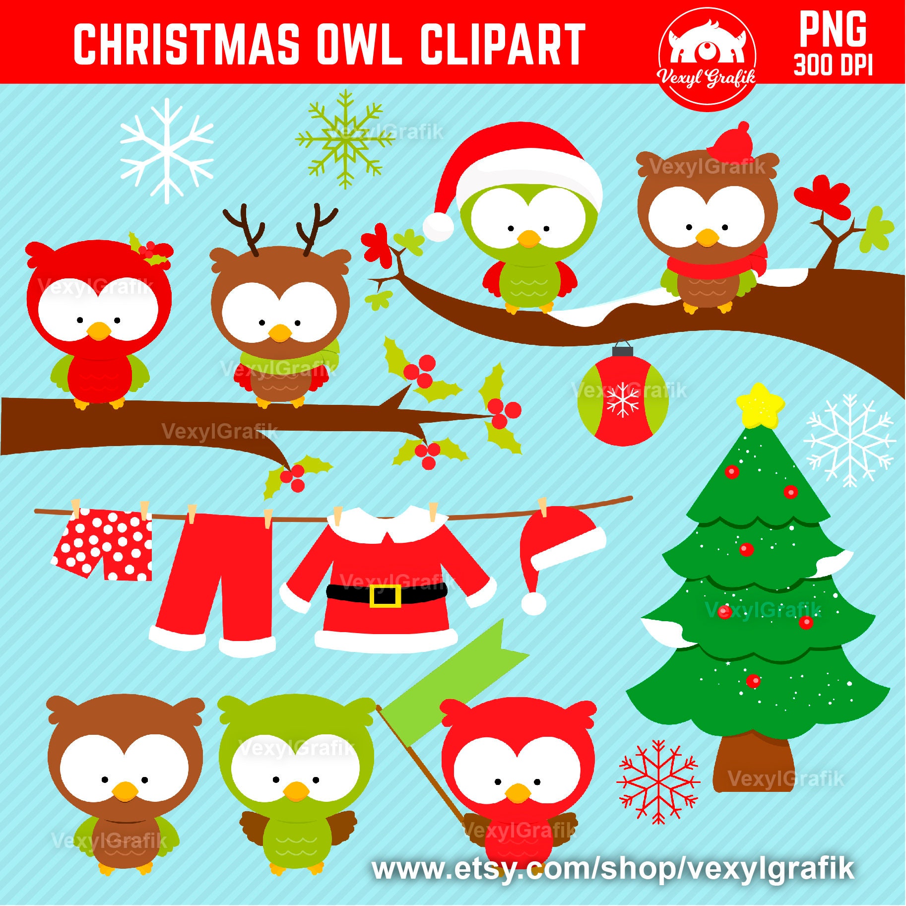 Christmas Owls Clipart, Instant Download PNG files - 300 Dpi, Baby Shower Clipart, Owl Clip Art, Nur