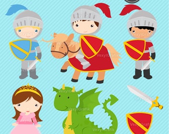 Knight and Dragon Clipart, Instant Download PNG files - 300 Dpi, Baby Shower Clipart, Princess And Dragon, Nursery Clipart, Dragon Clipart