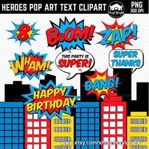 Pop Art Superheroes Clipart, Instant Download PNG files - 300 Dpi, Baby Shower Clipart, Nursery Clipart, Hero Clipart, Comic Text Digital