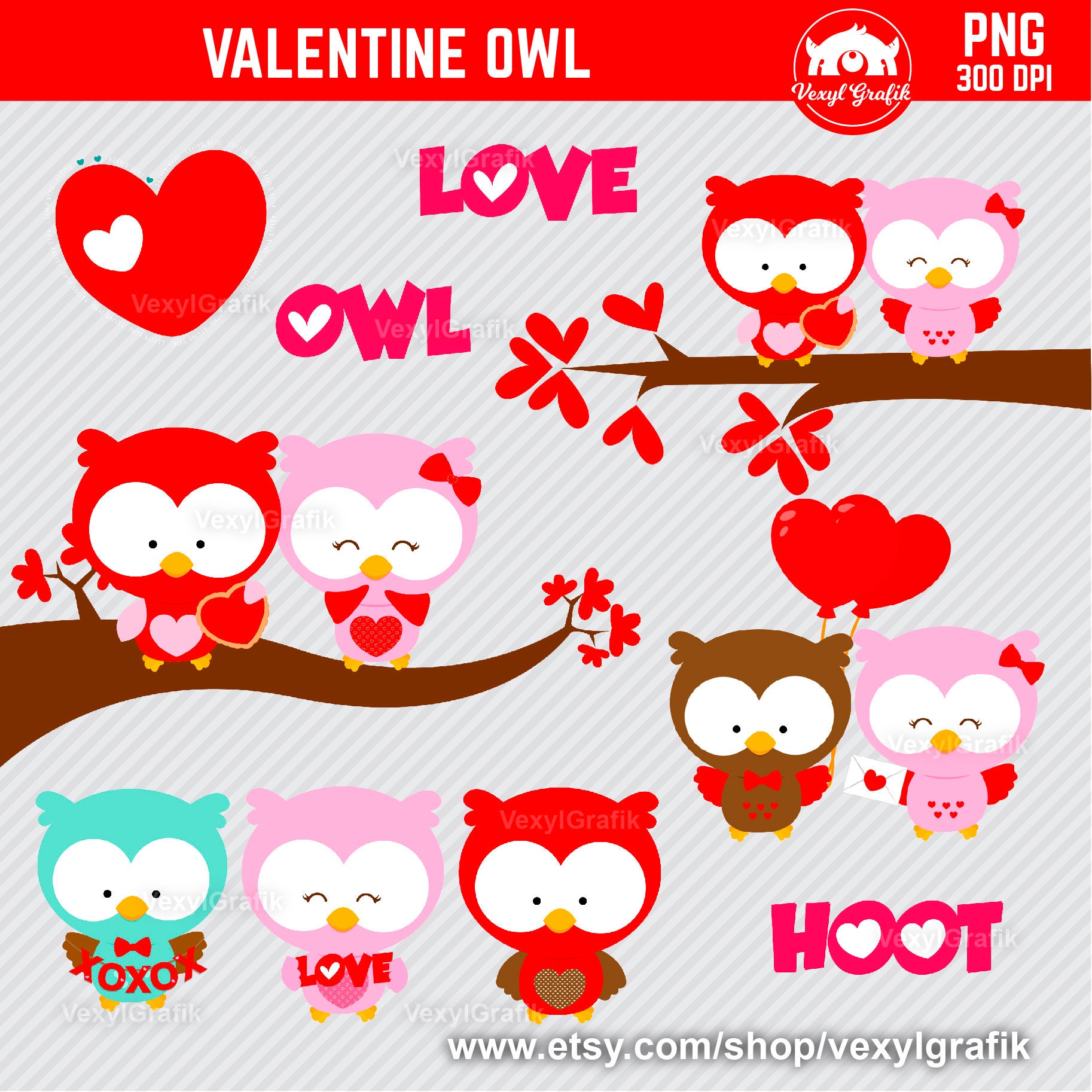 Valentine Owls Clipart, Instant Download PNG files - 300 Dpi, Baby Shower Clipart, Owl Clip Art, Nur