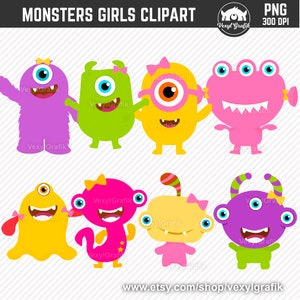 Monstres filles Clipart, téléchargement immédiat des fichiers PNG - 300 Dpi, Baby Shower Clipart, Nursery Clipart, monstres Png, monstres Art