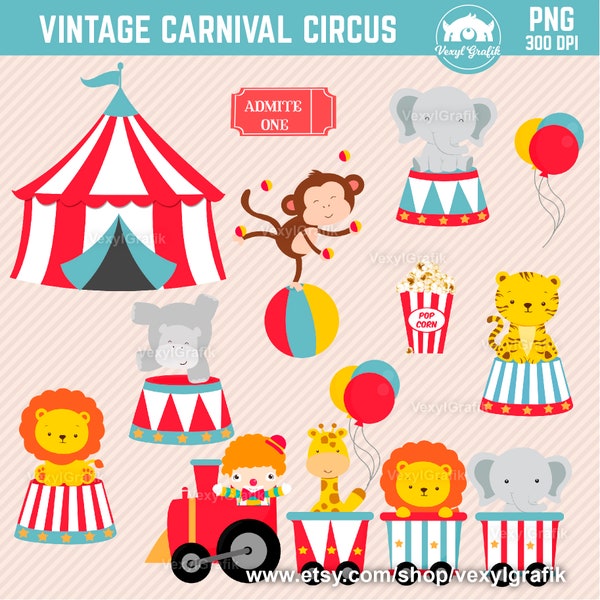 Vintage Circus Clipart, Instant Download PNG files - 300 Dpi, Baby Shower Clipart, Nursery Clipart, Animals Clipart, Carnival Clipart, Clown