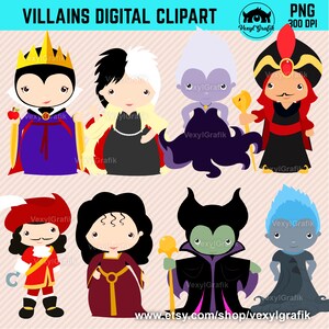 May include: A set of ten digital clipart images of cartoon villains from various Disney movies. The villains include Maleficent, Ursula, Cruella de Vil, Jafar, Captain Hook, and Evil Queen. The images are in a colorful cartoon style and are perfect for use in digital projects.