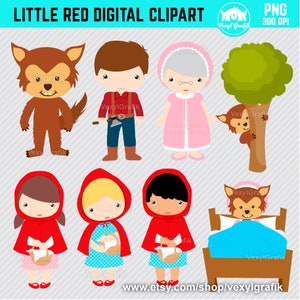 Little Red Riding Hood Clipart, Instant Download PNG files - 300 Dpi, Baby Shower Clipart, Nursery Clipart, Red Riding Hood Graphic