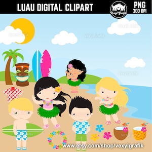 Luau Clipart, Instant Download PNG files - 300 Dpi, Baby Shower Clipart, Nursery Clipart, Tropical Luau, Hawaii Clipart, Beach Flamingo Tiki