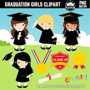 Graduation Girls Clipart, Instant Download PNG files - 300 Dpi, Baby Shower Clipart, Nursery Clipart, Class, Graduate Girls, Grads, Student