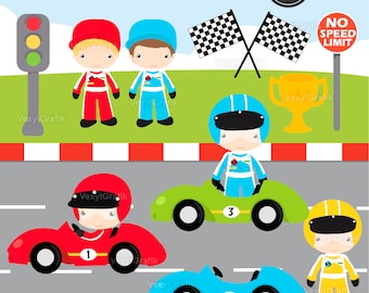 May include: A set of digital clipart featuring cartoon race cars, drivers, and race-related objects. The clipart includes a checkered flag, a trophy, a traffic light, and a sign that says "No Speed Limit".