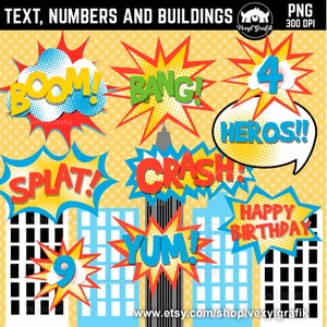 Pop Art Superheroes 2 Clipart, Instant Download PNG files - 300 Dpi, Baby Shower Clipart, Nursery Clipart, Hero Clipart, Comic Text Digital