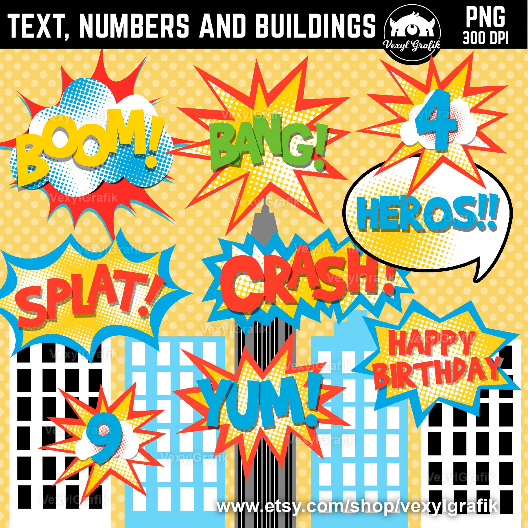Pop Art Superheroes 2 Clipart, Instant Download PNG files - 300 Dpi, Baby Shower Clipart, Nursery Clipart, Hero Clipart, Comic Text Digital