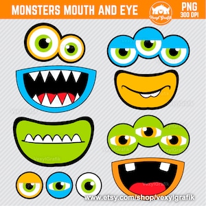 Puede incluir: Un conjunto de gráficos de boca y ojos de monstruo coloridos para manualidades y decoración de fiestas. El conjunto incluye una variedad de expresiones, incluyendo una sonrisa de dientes, una expresión de sorpresa y un guiño.