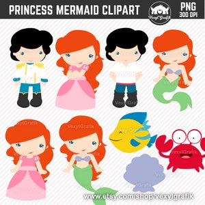 Princess Mermaid Clipart, Instant Download PNG files - 300 Dpi, Baby Shower Clipart, Nursery Clipart, Princess Clipart, Fairytale Clipart