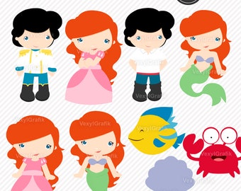 Princess Mermaid Clipart, Instant Download PNG files - 300 Dpi, Baby Shower Clipart, Nursery Clipart, Princess Clipart, Fairytale Clipart