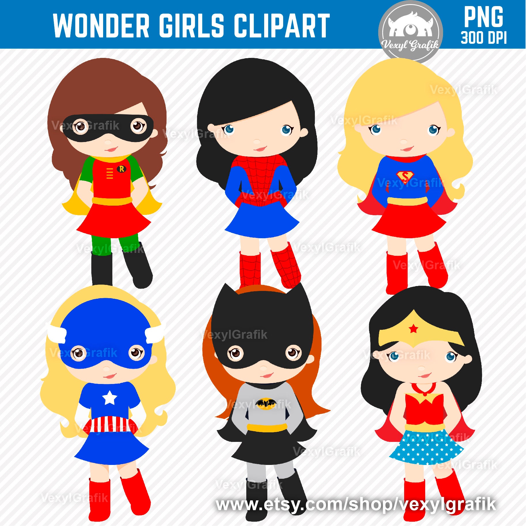 Superhero Girls 4 Clipart Instant Download PNG Files 300 Dpi Baby