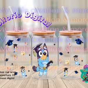Bluey Dog Graduating PNG Digital UVDTF Cup Libbey 16 oz Cartoon Digital Design