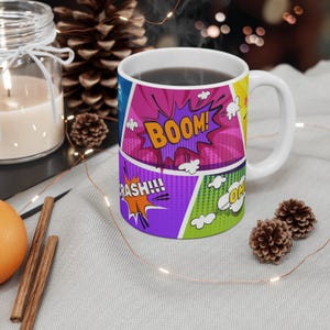 Comic Book Style Mug, Pop Art Coffee Cup, Fun Gift for Superhero Fans, Colorful Drinkware for Birthdays, Action-Themed Tea Mug