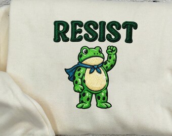 Sudadera con rana bordada, camiseta de protesta de Portland Frog, bordado con mensaje, acogedor regalo político, cuello redondo verde retro
