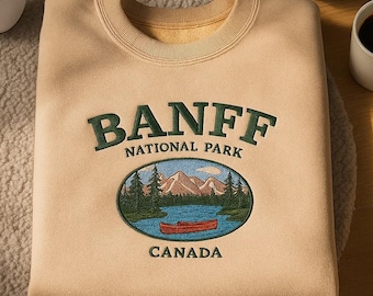 Bluza z haftem Park Narodowy Banff, bluza z okrągłym dekoltem z Kanady, bluza z kapturem do wędrówek górskich, prezent z Kanadyjskich Gór Skalistych, koszulka na wyprawę na świeżym powietrzu
