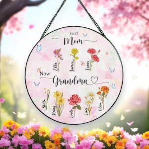 Custom Birth Month Flower Suncatcher, Grandma&#39;s Garden Glass Suncatcher, Mothers Day Gift For Grandma, Moms Garden Window Hanging Decor