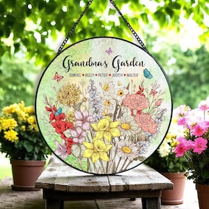 Custom Birth Month Flower Suncatcher, Grandma&#39;s Garden Glass Suncatcher, Mothers Day Gift For Grandma, Moms Garden Window Hanging Decor