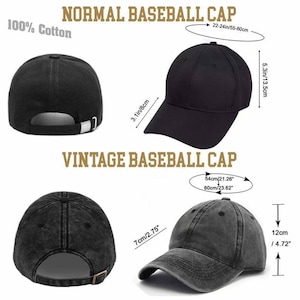 K&ouml;nnte beinhalten: Eine schwarze Baseballkappe und eine verwaschene graue Baseballkappe, beide aus 100% Baumwolle. Das Bild zeigt Vorder- und R&uuml;ckansichten mit den Beschriftungen Normal Baseball Cap und Vintage Baseball Cap sowie Ma&szlig;angaben in Zentimetern.