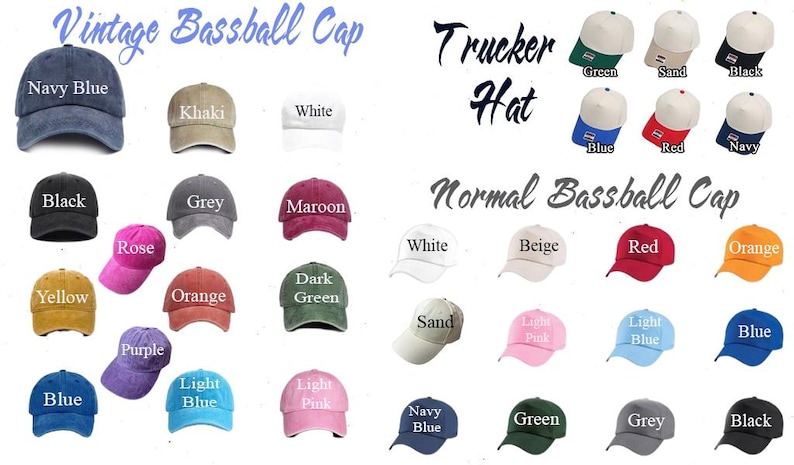 K&ouml;nnte beinhalten: Eine Sammlung von Baseballkappen und Trucker-Caps in verschiedenen Farben, darunter Marineblau, Khaki, Wei&szlig;, Schwarz, Grau, Kastanienbraun, Rosa, Gelb, Orange, Dunkelgr&uuml;n, Lila, Hellblau, Hellrosa, Sand, Rot, Beige und Blau, mit Textbeschriftungen.