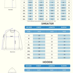 May include: Size chart for t-shirts, sweaters, and hoodies. The chart shows measurements in inches and centimeters for chest, length, and sleeve. The chart also includes illustrations of each type of garment.