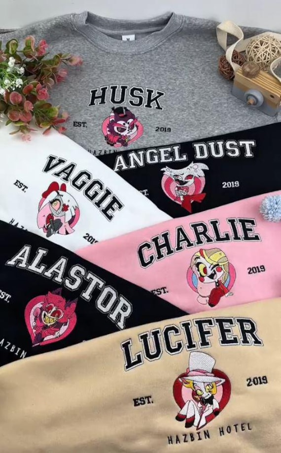 Custom Hazbin Hotel Embroidered Sweatshirt, Lucifer Charlie Vaggie Angel Dust Hoodie, Anime Streetwear Gift, Gothic Fandom Shirt