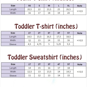 May include: A chart with size measurements for youth and toddler t-shirts and sweatshirts. The chart includes length, width, and sleeve measurements in inches for various sizes, from XS to XL and 1T to 5T. The text "Choose Size Youth - Toddler" is at the top.