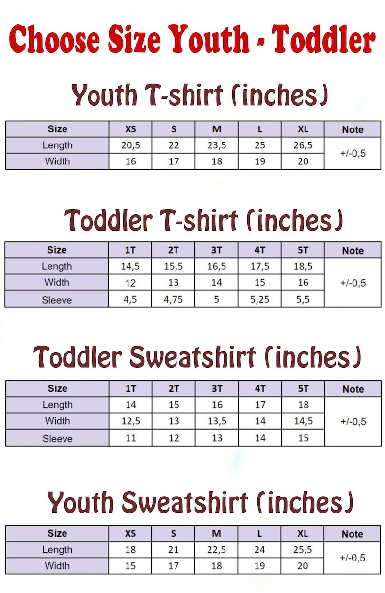 May include: A chart with size measurements for youth and toddler t-shirts and sweatshirts. The chart includes length, width, and sleeve measurements in inches for various sizes, from XS to XL and 1T to 5T. The text "Choose Size Youth - Toddler" is at the top.