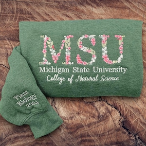 Sudadera universitaria bordada personalizada, cuello redondo para universidad, escuela secundaria, regalo de graduación para un amigo, sudadera con capucha con letras florales bordadas