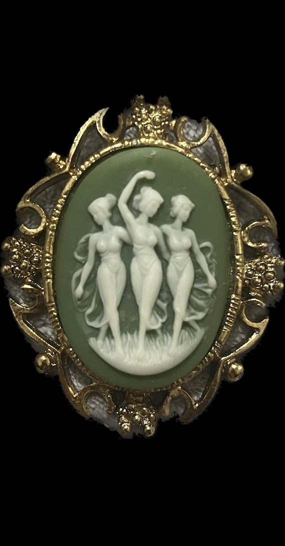 Vintage green 3 muses cameo brooch