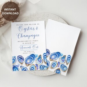 May include: Two white invitation cards with blue text and watercolor oyster shell illustrations. The text reads "Oysters & Champagne" and "Bachelorette Party in Honor of Hannah Ort". The event is in The Hamptons, August 6th-10th.
