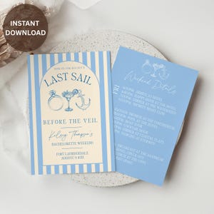 Op de afbeelding: Een lichtblauwe en crèmekleurige vrijgezellenfeestuitnodiging met verticale strepen. De uitnodiging bevat de tekst "Last Sail Before the Veil" en evenementdetails. Een bijpassende kaart geeft de route van het weekend weer.