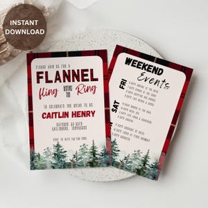 May include: Two invitation cards with a red and black plaid border. The left card reads "Flannel Fling Before the Ring" with event details. The right card lists weekend events. Both cards have a watercolor forest design.